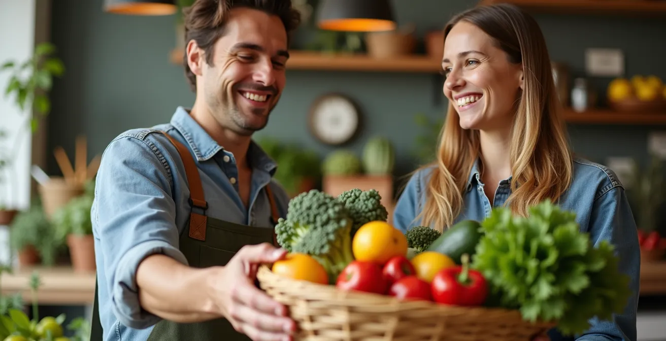 Client heureux recevant un panier soigné de fruits et légumes frais et de qualité