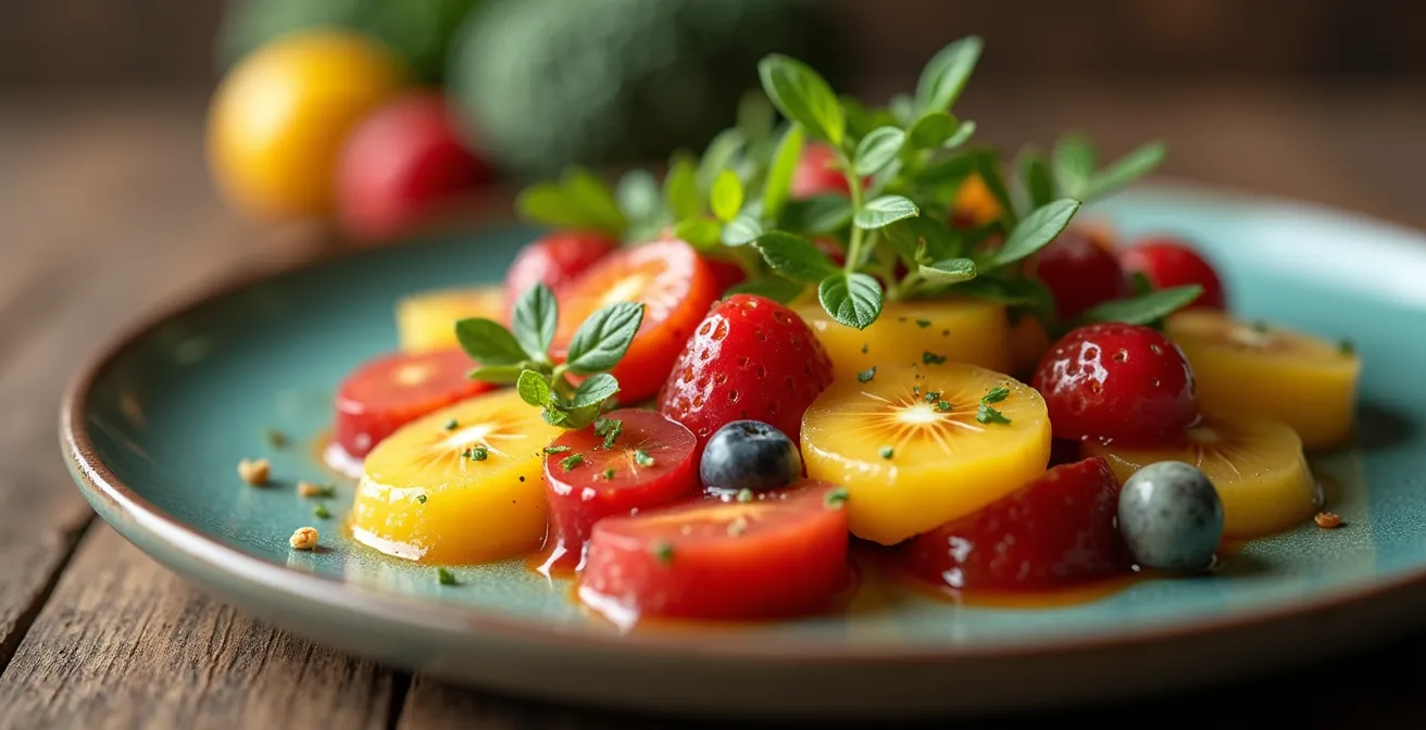 Plat gastronomique raffiné mettant en valeur des fruits et légumes frais, colorés et artistiquement présentés