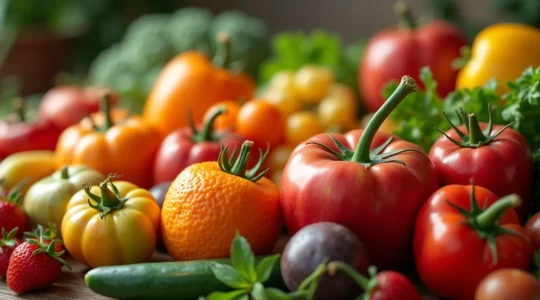 Une composition artistique de fruits et légumes variés et colorés sélectionnés avec soin, montrant la fraîcheur et la diversité des produits d'exception