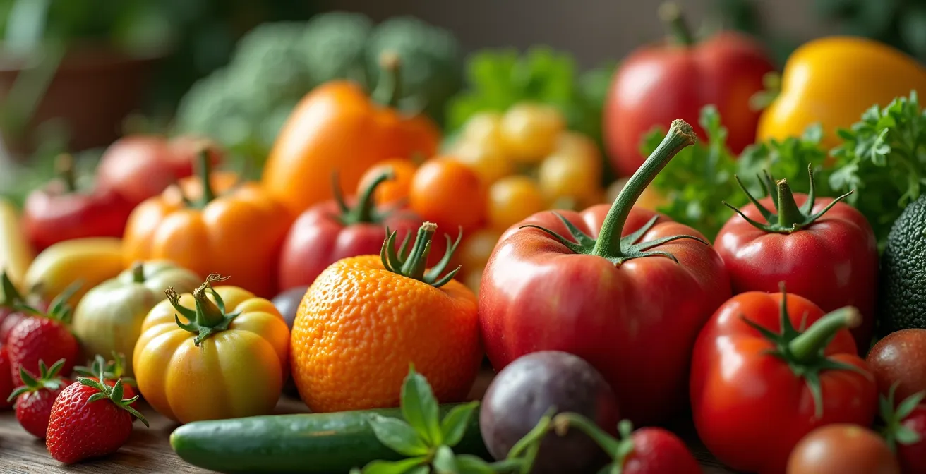Une composition artistique de fruits et légumes variés et colorés sélectionnés avec soin, montrant la fraîcheur et la diversité des produits d'exception