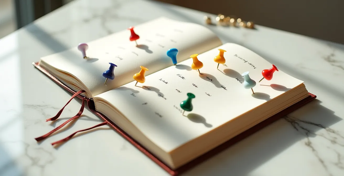 Vue aérienne d'un carnet de réservations ouvert avec des épingles colorées marquant différentes dates