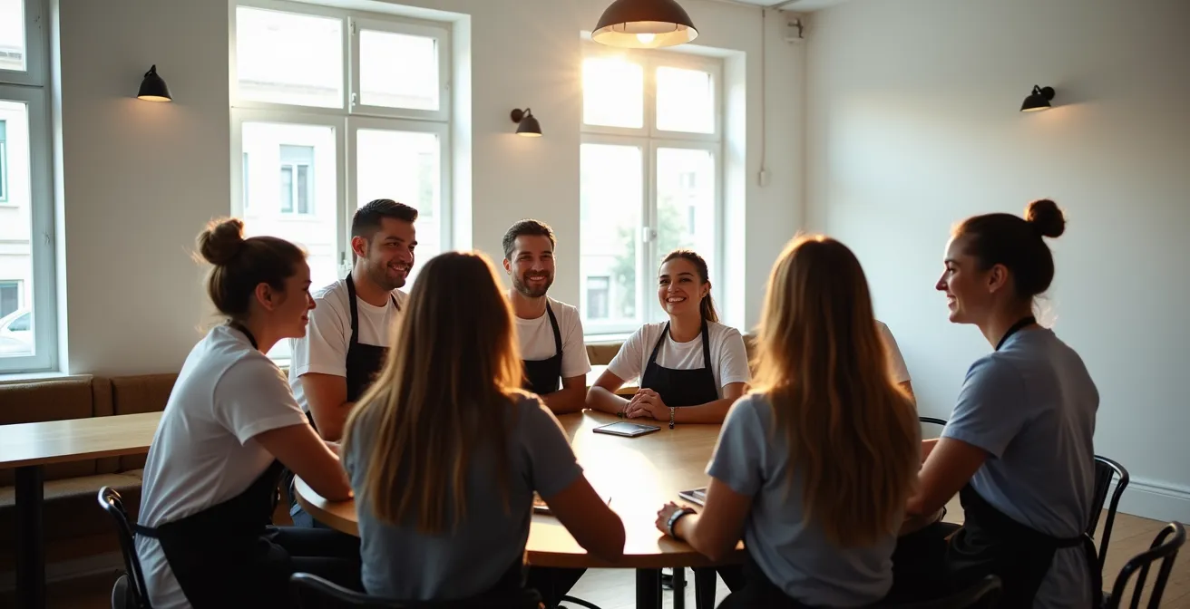 Vue d'ensemble d'une équipe en briefing avant service