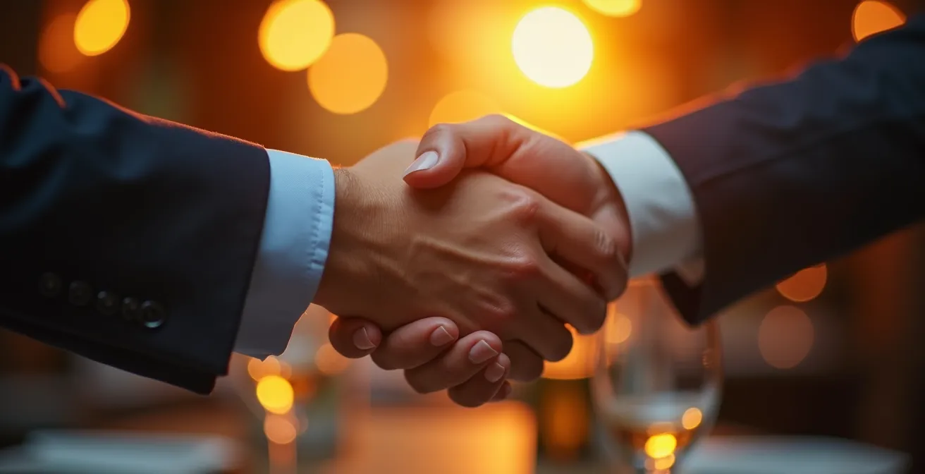 Détail macro d'une poignée de main professionnelle avec reflets dorés