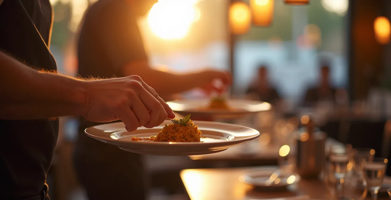 Gros plan sur les mains d'un serveur tenant plusieurs assiettes lors d'un service chargé