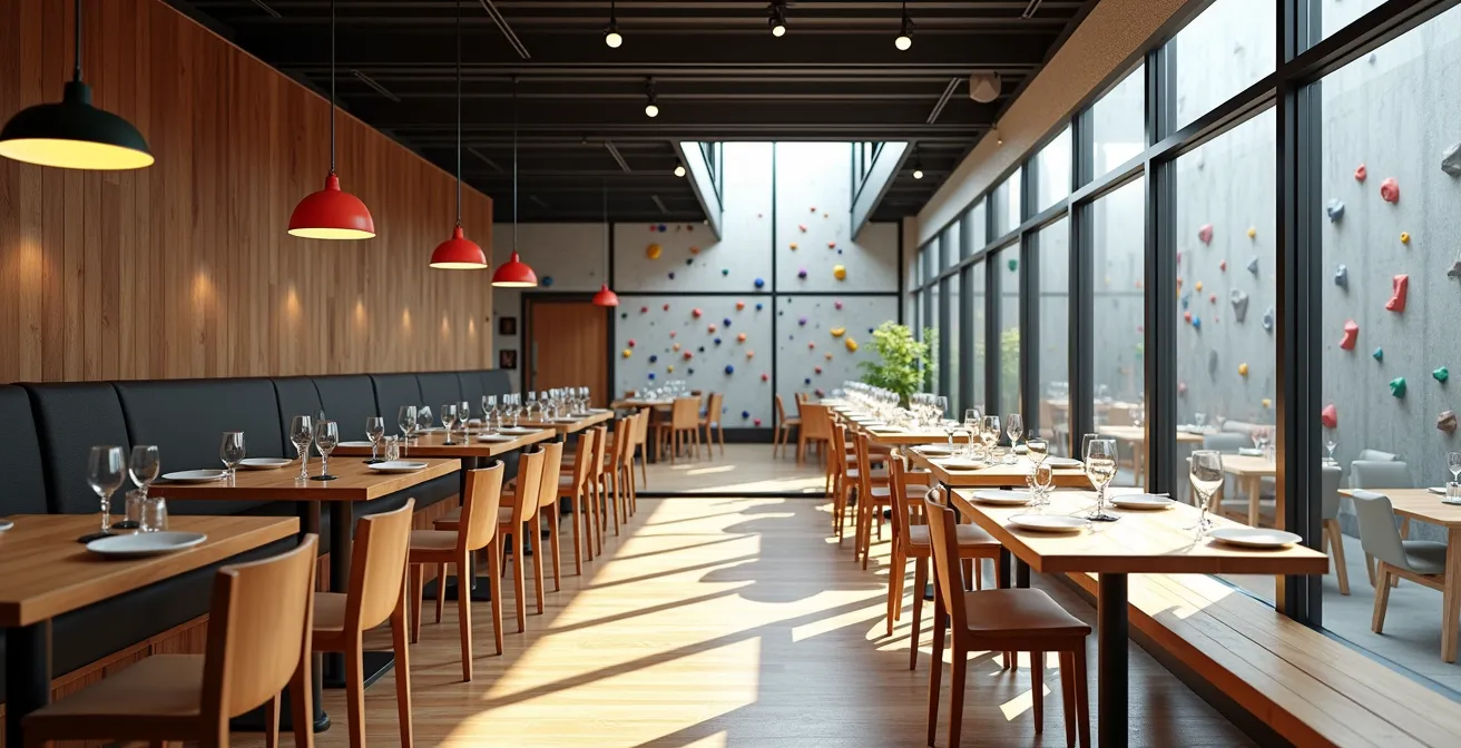 Espace restauration épuré avec vue sur le mur d'escalade en arrière-plan