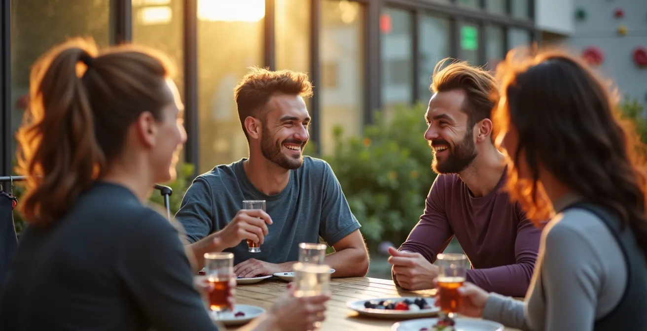 Groupe de grimpeurs riant sur une terrasse ensoleillée