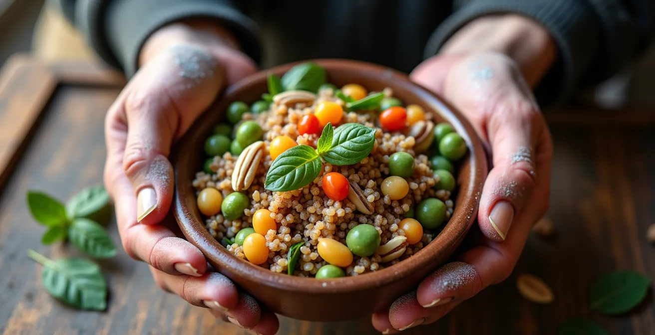 Mains de grimpeur tenant un bol coloré rempli d'aliments équilibrés