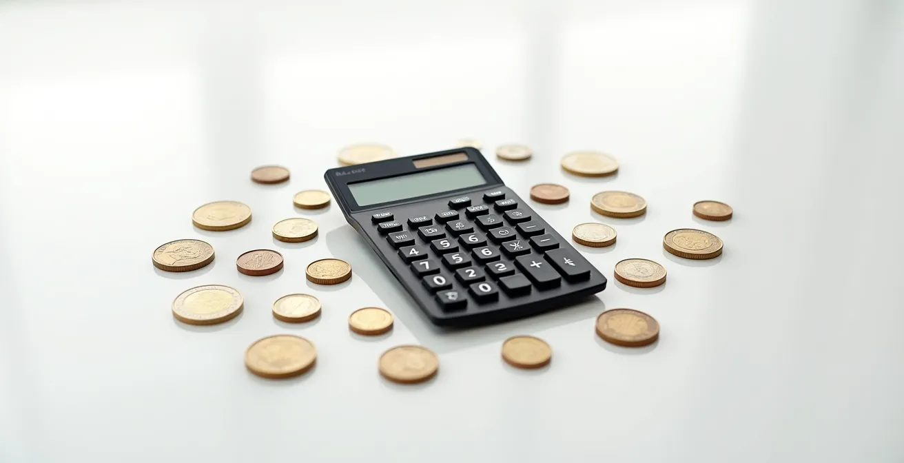 Calculatrice professionnelle entourée de pièces d'euros avec effet de profondeur