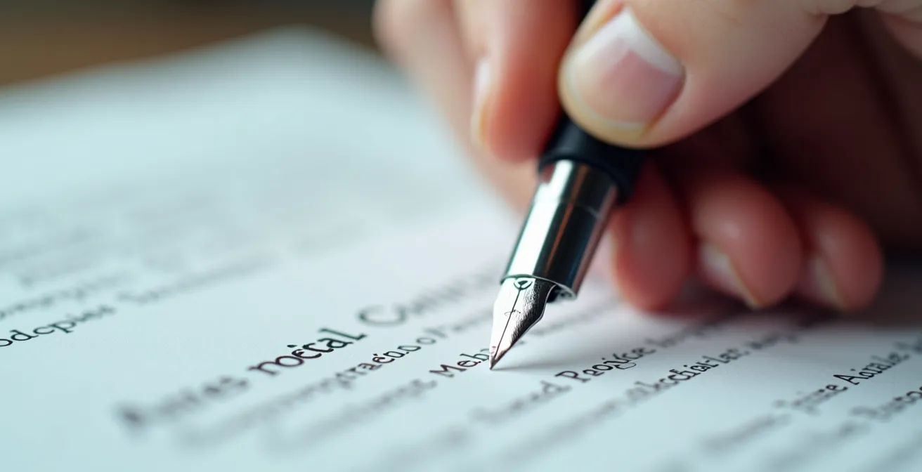 Main tenant un stylo au-dessus d'un contrat non signé, vue macro