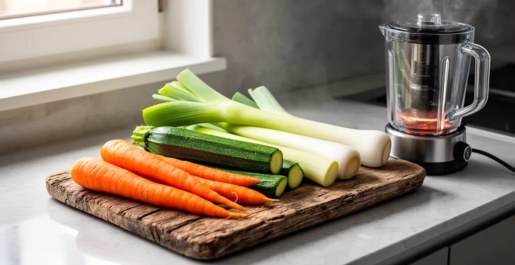 Légumes frais découpés sur planche à côté du blender ouvert