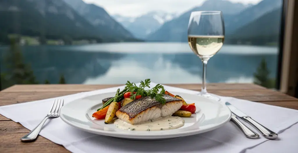 Assiette de féra du lac d'Annecy dans un restaurant gastronomique savoyard