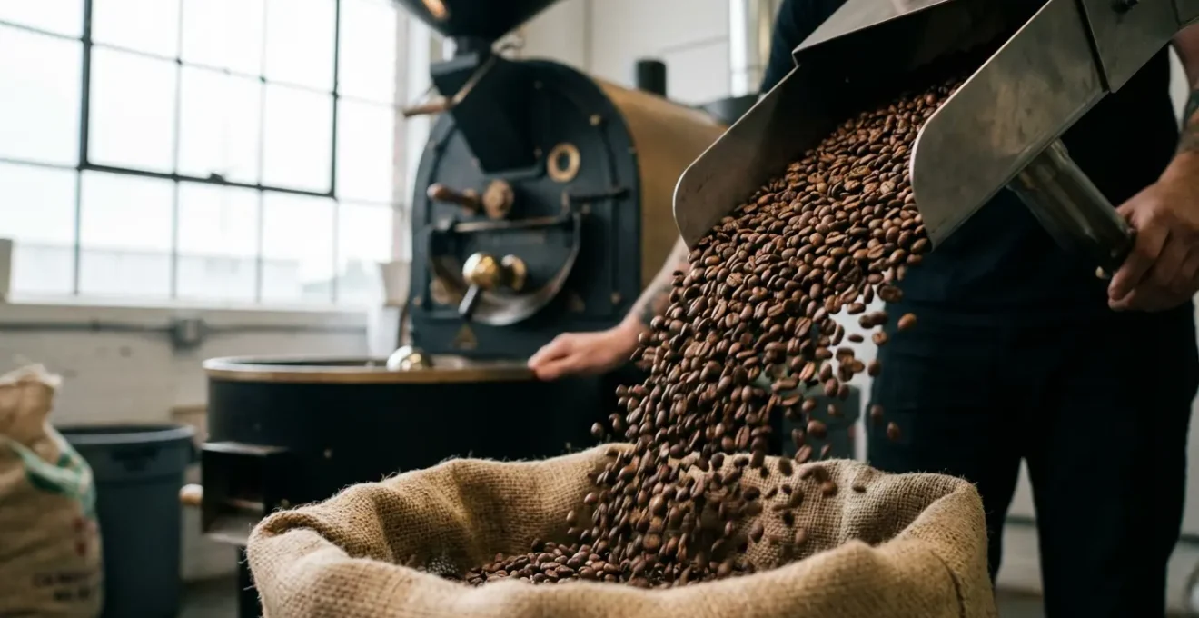 Grains de café bio torréfiés dans un atelier artisanal avec machine à tambour