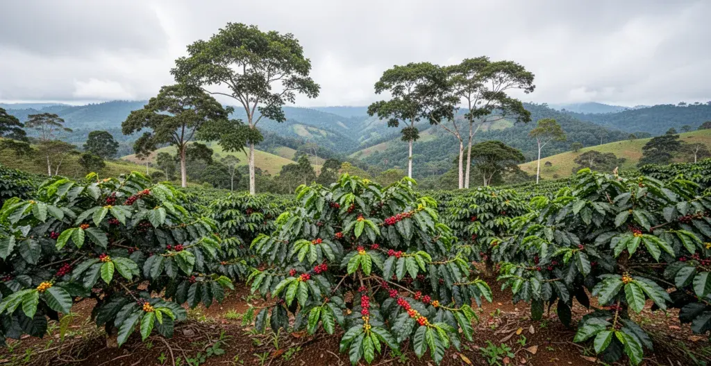 Plantation de café biologique en altitude sous ombrage naturel d'arbres tropicaux