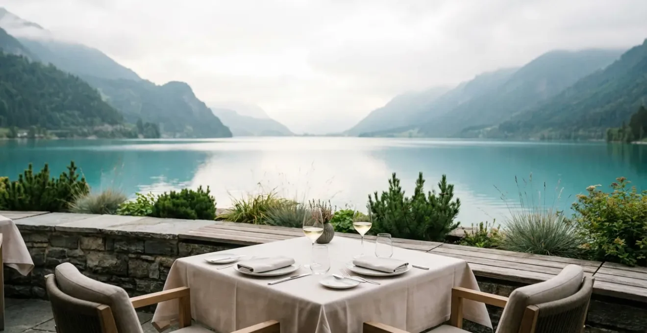 Terrasse gastronomique avec vue panoramique sur le lac d'Annecy et ses montagnes
