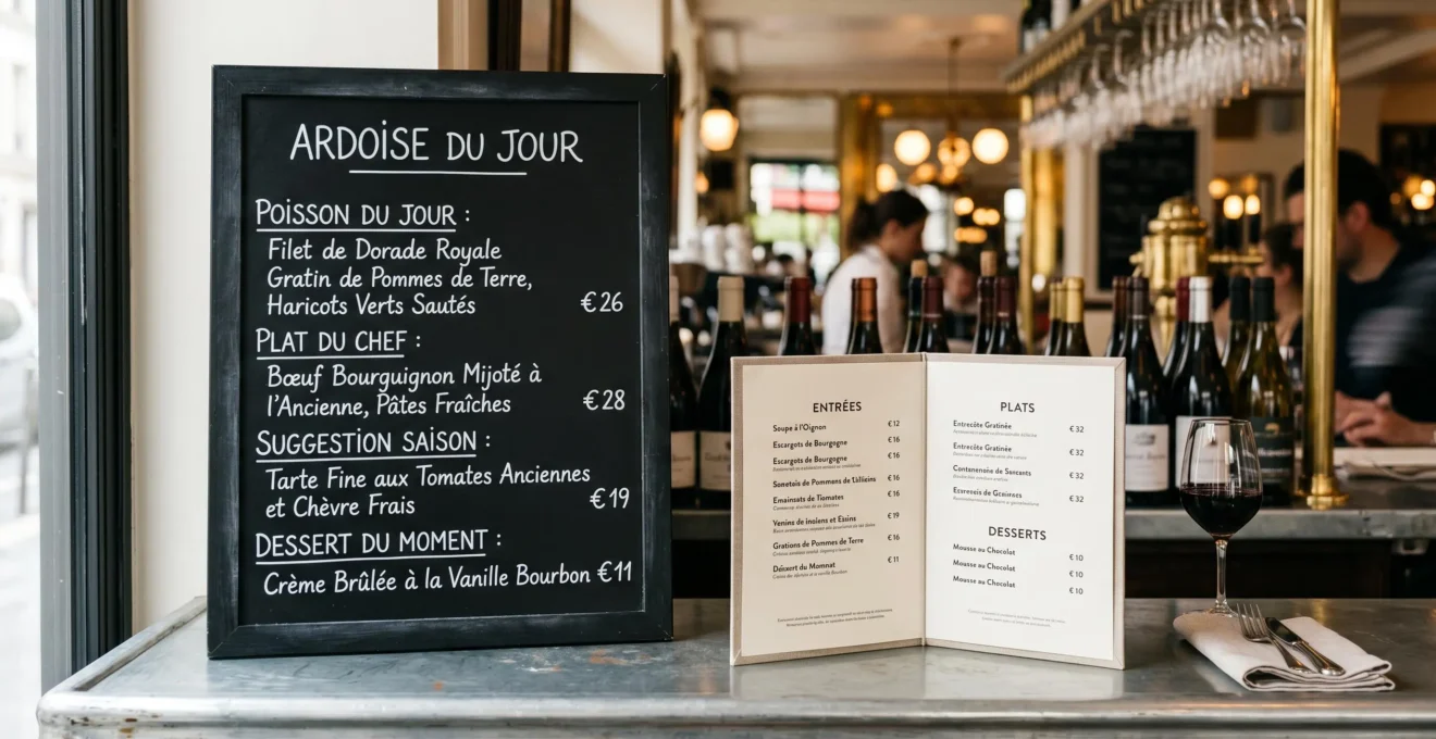 Ardoise de suggestions du jour à la craie et carte de menu ouvertes sur un comptoir en zinc de brasserie avec textes en français