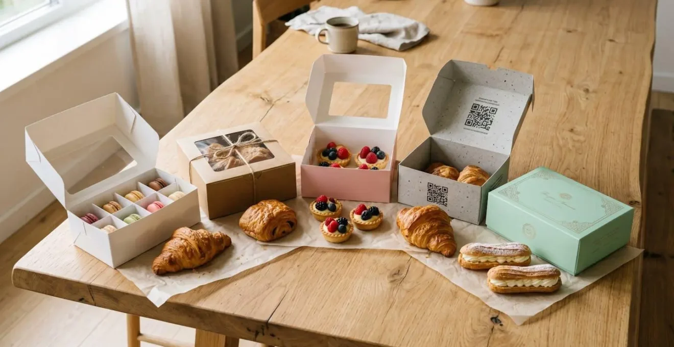 Assortiment de cinq boîtes de pâtisserie ouvertes aux styles variés, posées sur une table en bois clair avec des pâtisseries artisanales, illustrant les innovations en emballage boulangerie.