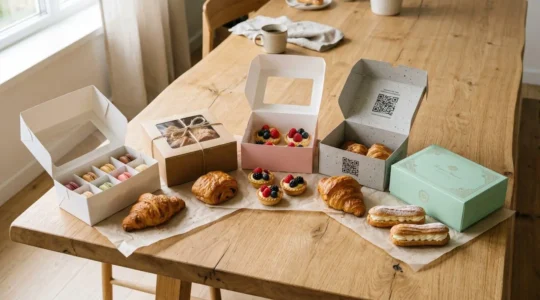 Assortiment de cinq boîtes de pâtisserie ouvertes aux styles variés, posées sur une table en bois clair avec des pâtisseries artisanales, illustrant les innovations en emballage boulangerie.