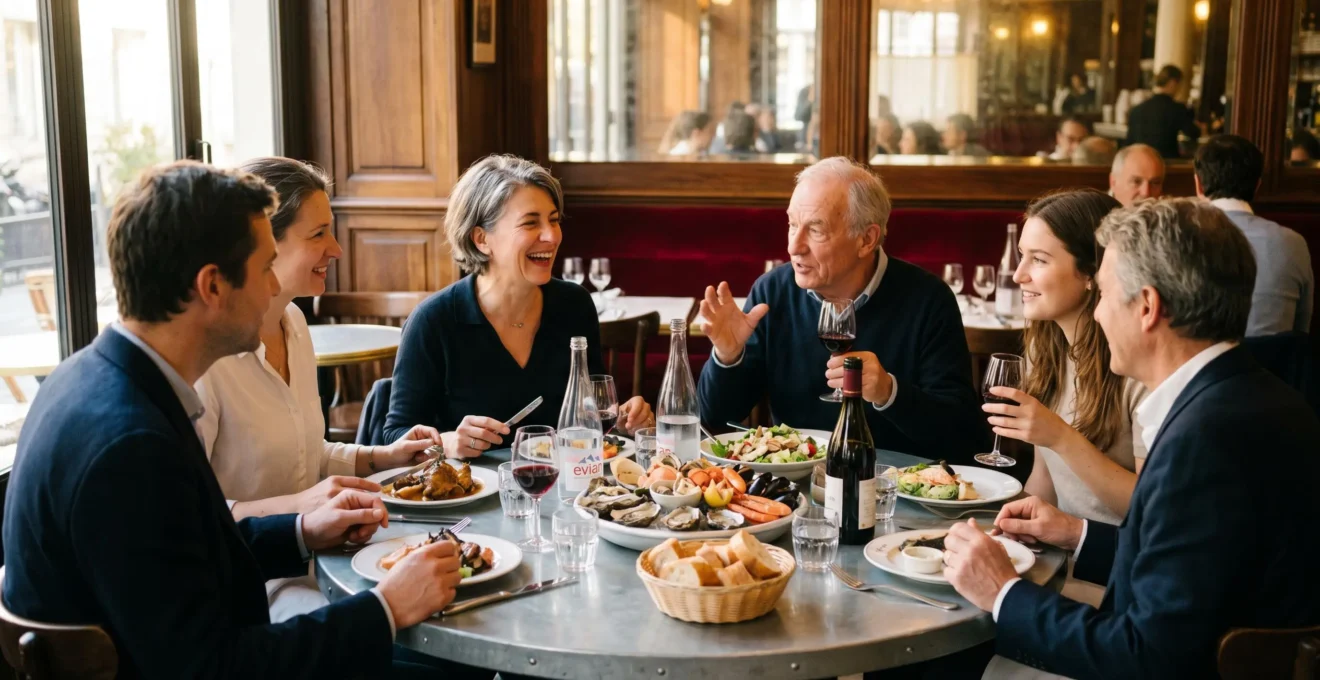 Groupe de six convives partageant un repas animé autour d'une table de brasserie garnie de plats traditionnels et fruits de mer