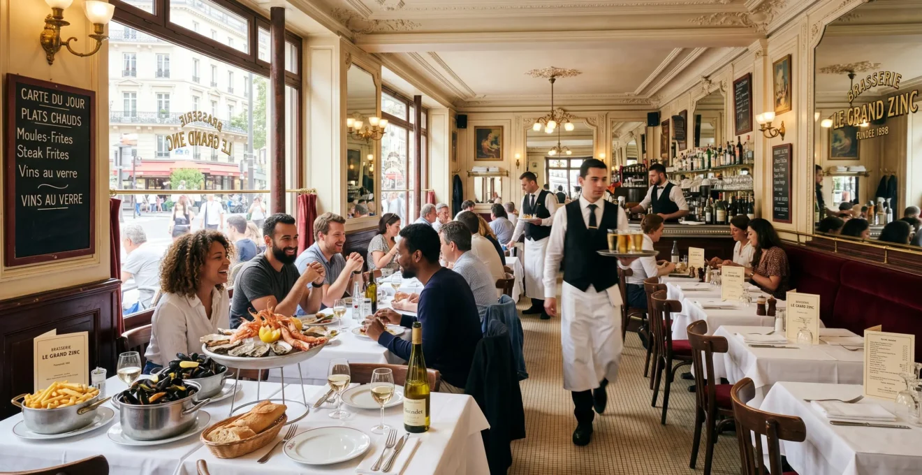Salle de brasserie française animée avec banquettes velours, miroirs Belle Époque, tables dressées et clients attablés dans une ambiance chaleureuse et lumineuse