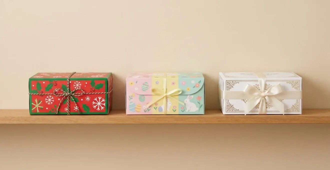 Trois boîtes de pâtisserie fermées alignées, chacune personnalisée pour une occasion différente : Noël, Pâques et mariage, illustrant la diversité de la personnalisation saisonnière.