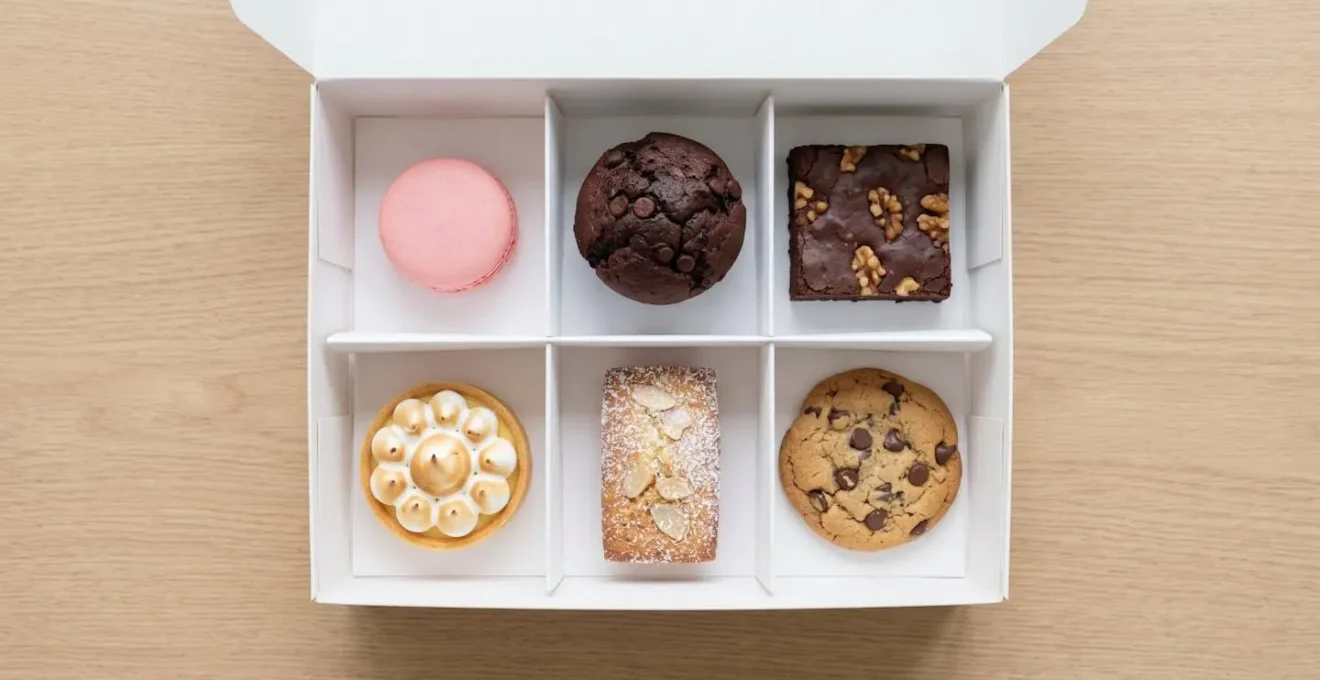 Vue du dessus d'une boîte de pâtisserie blanche avec six compartiments modulables, chacun contenant une pâtisserie différente parfaitement préservée.