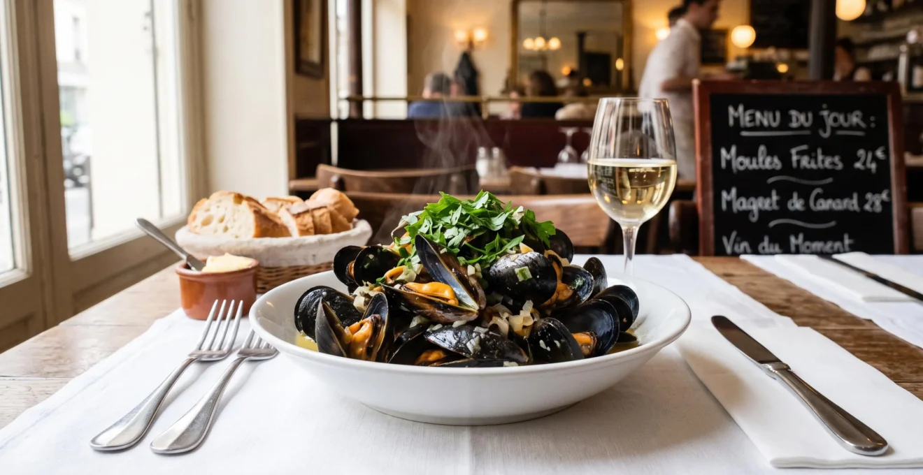 Assiette de moules marinières fumantes garnies de persil servie sur table de brasserie dressée avec nappe blanche, couverts en inox et verre de vin blanc