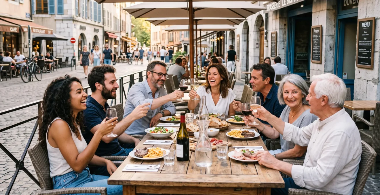 Groupe multigénérationnel de sept convives partageant un repas convivial sur terrasse de brasserie française, trinquant et riant autour d'une table garnie, lumière chaleureuse de fin d'après-midi, façades urbaines françaises en arrière-plan