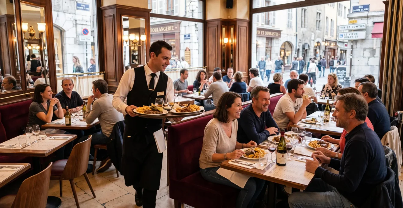 Salle de brasserie traditionnelle française en service avec convives attablés, serveur apportant des plats, décor Belle Époque modernisé avec banquettes en velours et miroirs, lumière naturelle entrant par de grandes fenêtres