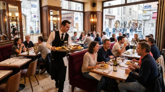 Salle de brasserie traditionnelle française en service avec convives attablés, serveur apportant des plats, décor Belle Époque modernisé avec banquettes en velours et miroirs, lumière naturelle entrant par de grandes fenêtres